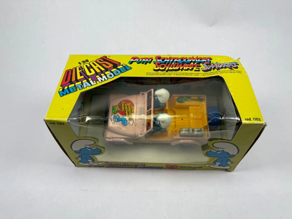 Smurfs w/ Pink Jeep Vintage Smurf 1:24 Die Cast New NIB 1984 Burago Italy 80s - Image 2 of 4