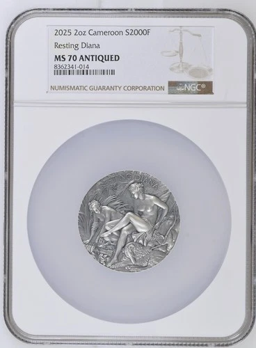 2025 Cameroon Resting Diana Celestial Beauty 2 oz Silver Coin NGC MS70