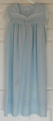 Prairie Core Blue Cotton ERIKA TAYLOR Long Nightgown Lace Short Sleeve Buttons L