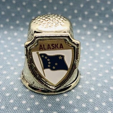 Alaska Souvenir Gold Tone Metal Thimble w/ State Flag