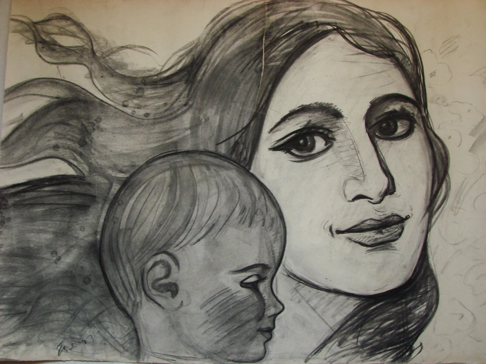Ukrainian Soviet USSR Painting portrait mother and child woman poster realism - Image 2 of 4