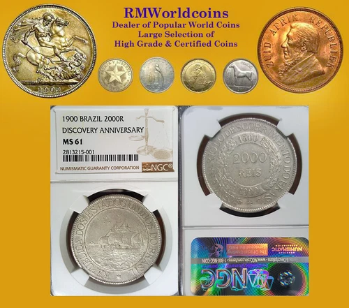 Brazil 1900 2000 Reis, Discovery Anv., Rare Grade NGC 61 PQ, Sharp Detail/Luster
