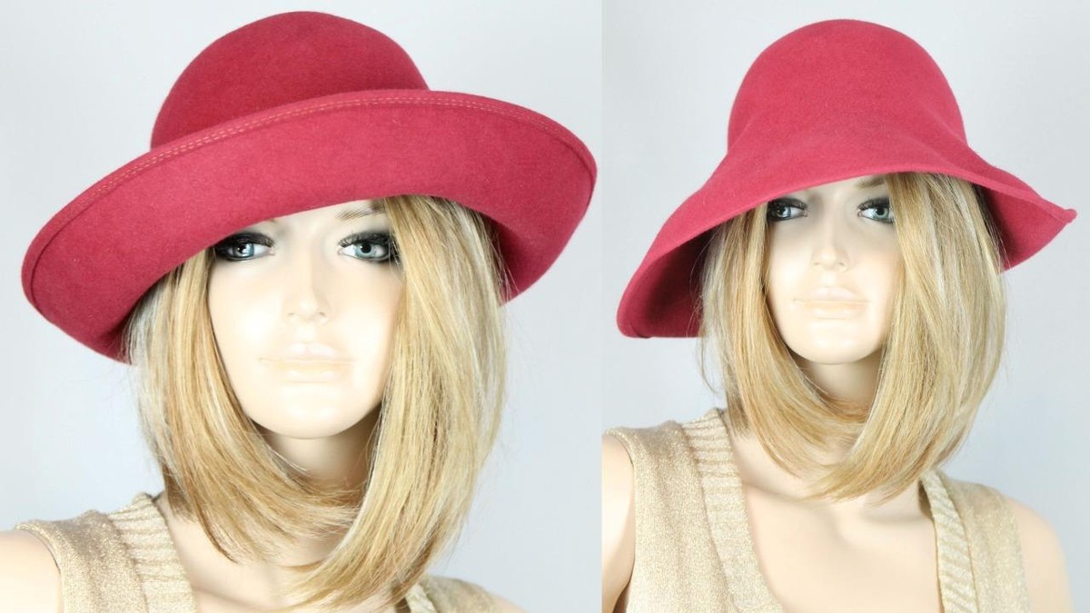 PATRICIA UNDERWOOD NY Red Fine Wool Felt Asymmetrical Brim  display picture 2