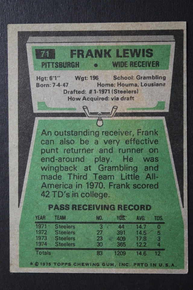 Frank Lewis Pittsburgh Steelers Signed 1975 Topps #71 Autographed Card GRAMBLING - Image 2 of 4