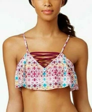 NEW Hula Honey XS Bikini Top Lace Up Flounce Ruffle Boho Strappy Beachy Retro