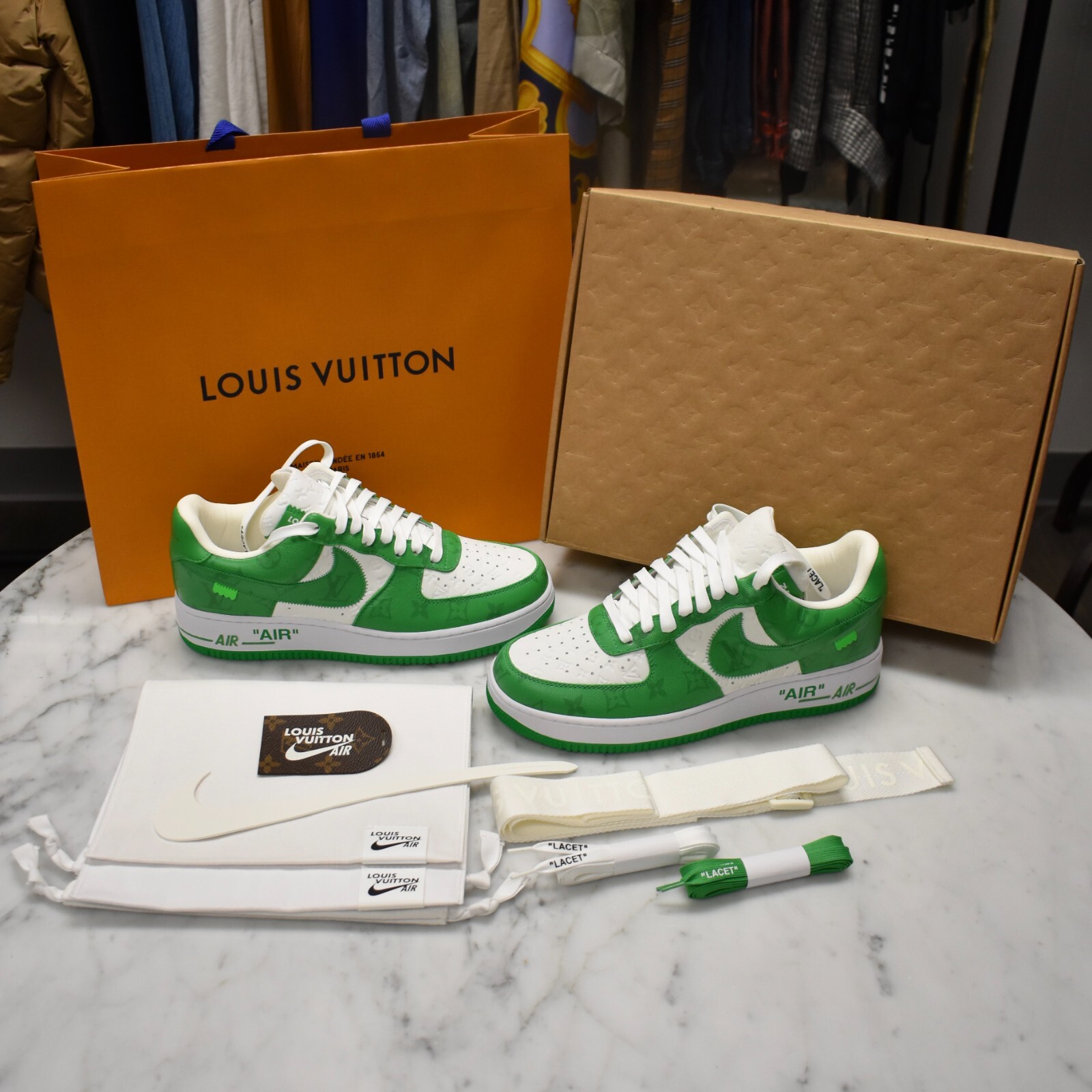 NWT Louis Vuitton Nike Air Force 1 White Pine Green Sneakers Virgil 9 AUTHENTIC