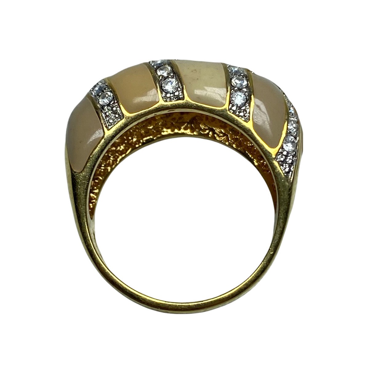 Signed JOAN RIVERS Thick Enamel Rhinestone Ring Gold Tan Beige 