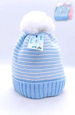 Adorable Baby Knitted Bobble Hats with Soft Fleece Lining Pink Blue Girl Boy