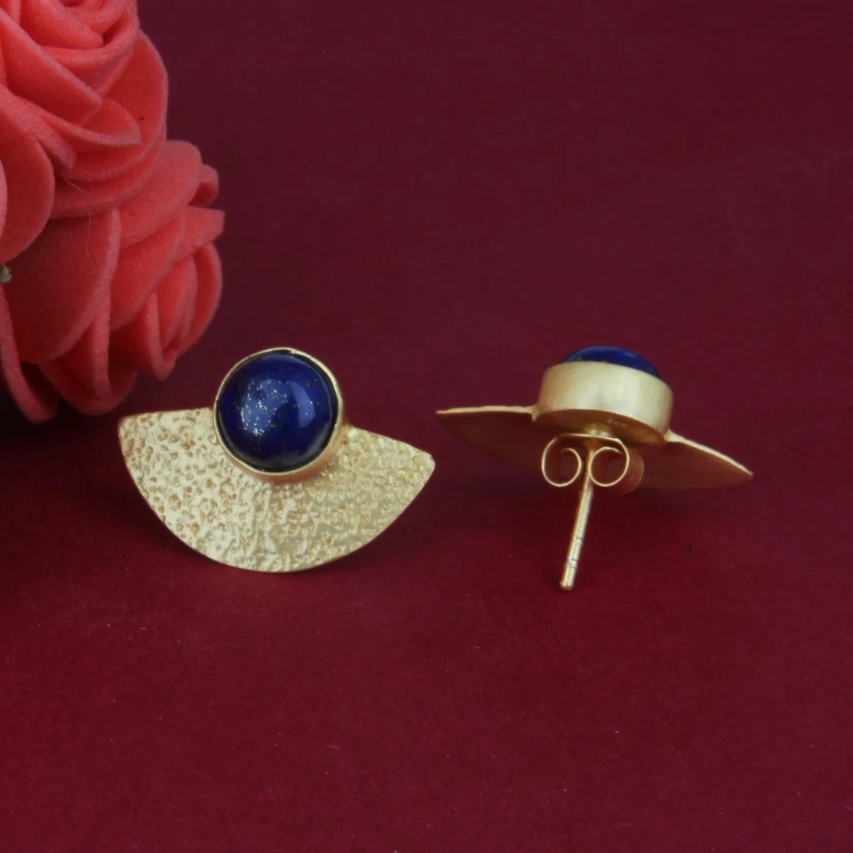 Aretes de piedras preciosas de lapislázuli con diseño de abanico de plata 925 enchapados en oro de 18k joyería Foto 3 de 3