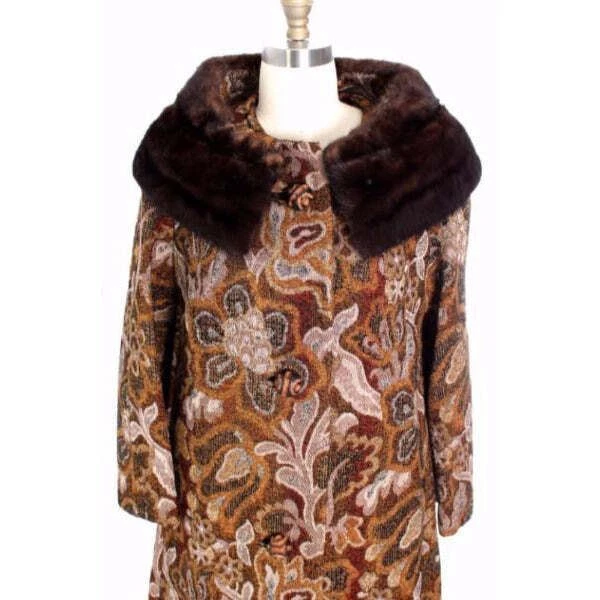 VTG 60s 70s Golet Bronze Brocade Coat Mod Mink Collar Classic Fit Womens M/L NWT - Image 2 of 4