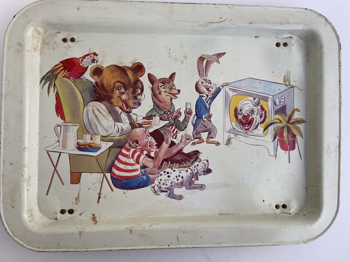 Vintage TV Dinner Tray Metal Anthropomorphic Animals Watching Clown on TV