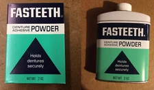 Vintage 1970's Fasteeth Denture Adhesive Powder Vick NY *New Old Stock* W/Box