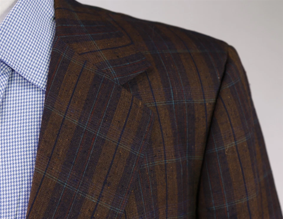 Chaqueta Blazer Tom James Vintage Años 80 Borgoña Marrón Cuadros Seda Cruda 2-Btn 46R Foto 4 de 4