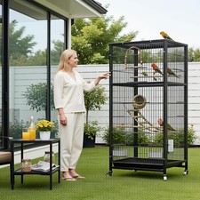 Large Bird Cage with Rolling Stand, Multi-Door Design Metal Flight Cage with Pul