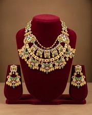 Handmade Gold Kundan Meenakari Bridal Necklace Set, Indian Wedding Jewelry Gifts