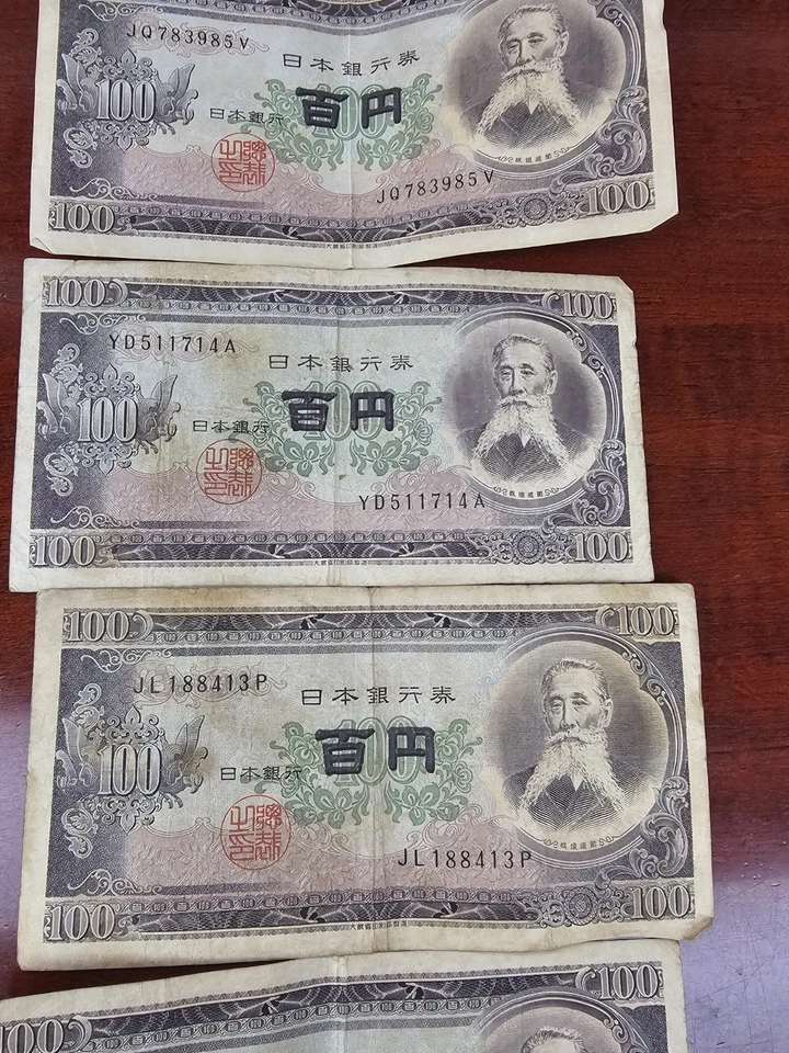 RARO JUEGO DE 5 BILLETES DE 100 YENES DE PAPEL MONEDA JAPONÉS C. 1953 VINTAGE Foto 4 de 4