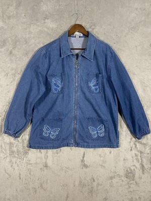 VTG Passion-I Jacket Womens Sz L Blue Denim Zip Butterfly Embroidered Pockets