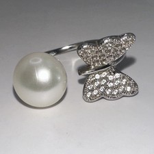 FW Pearl White Stone Butterfly Design Bypass Sterling Ring Size 6.5 2.85g 