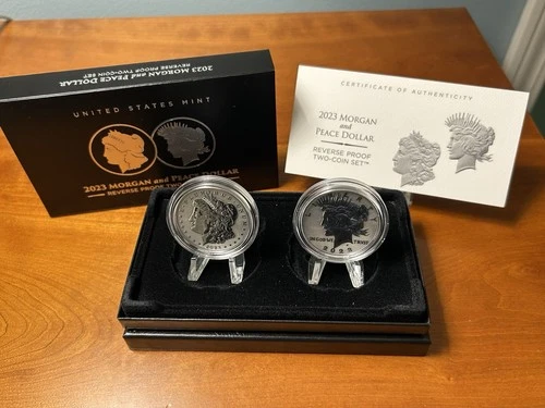 2023 REVERSE PROOF SILVER PEACE & MORGAN DOLLAR WITH BOX/COA***2 COIN SET