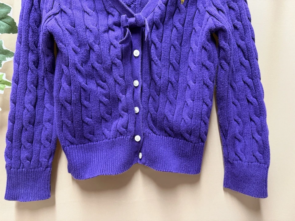 Ralph Lauren Purple Cable knit cardigan sweater with bow Girls sz 6 - Image 4 of 4