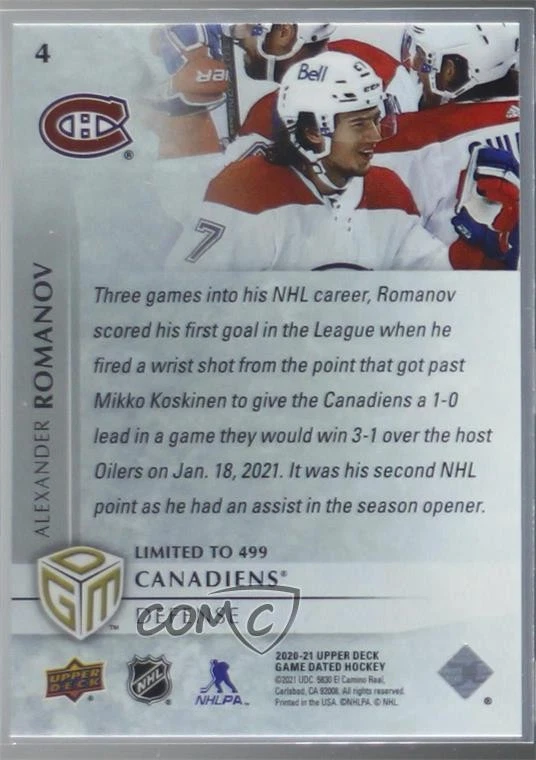 2020 Upper Deck Game Dated Moments January /499 Alexander Romanov #4 Rookie RC - Image 2 of 2