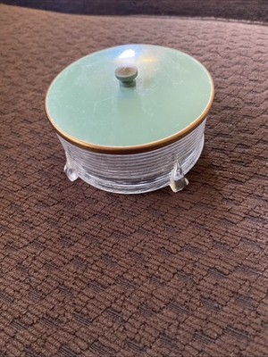 Vintage Green Bakelite Trinket Box For Vanity Glass Bottom 