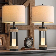 25" Table Lamps Set of 2 with Night Light, Rustic Bedside Lamps for Living Ro...