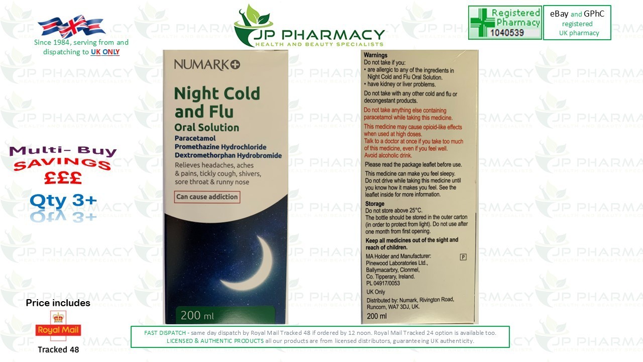 Numark NIGHT COLD and FLU pain reief oral solution. 200ml. EXP: 05/28