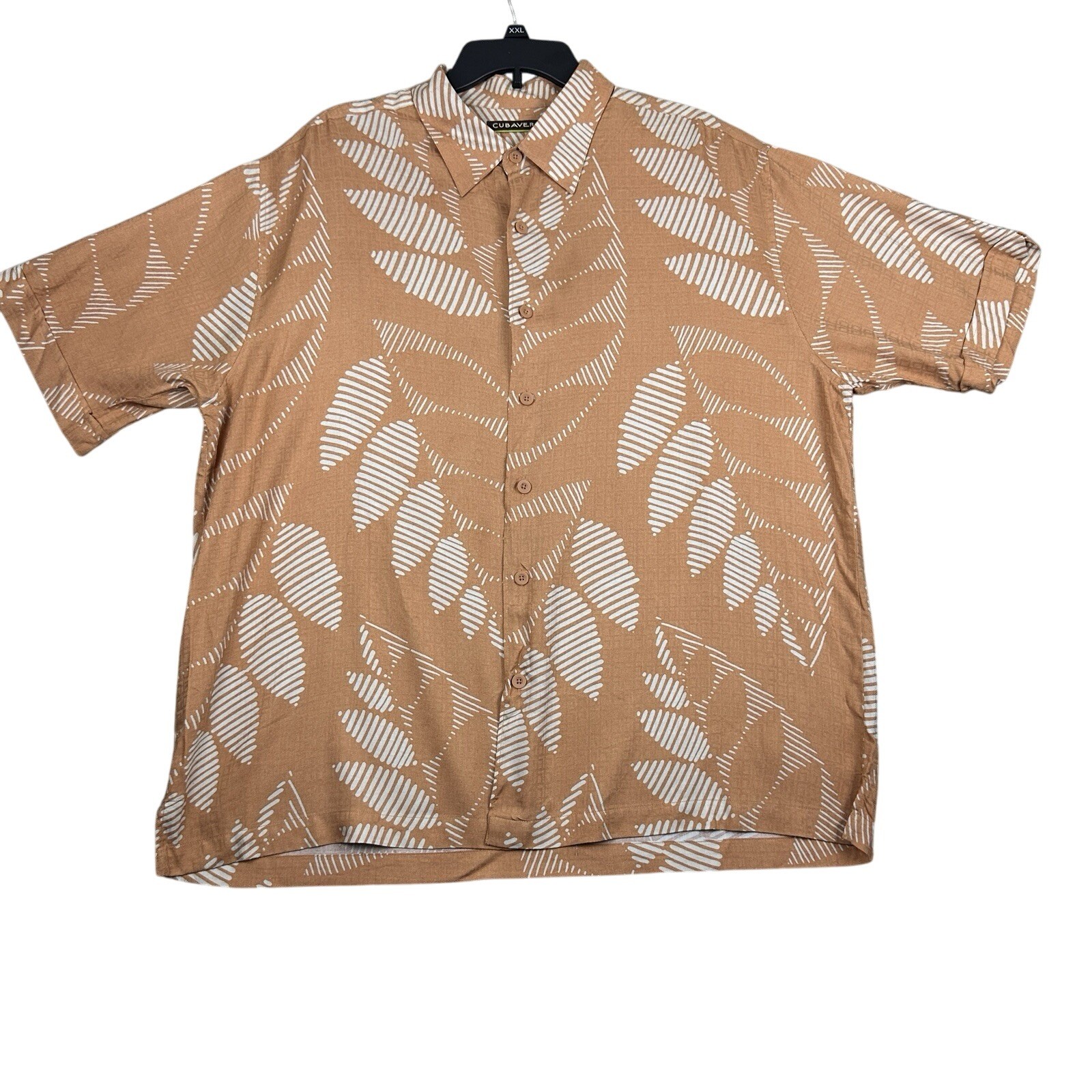 Cubavera Mens Shirt Leaf Print Orange- Brown Camp Collar Rayon Button Up XL
