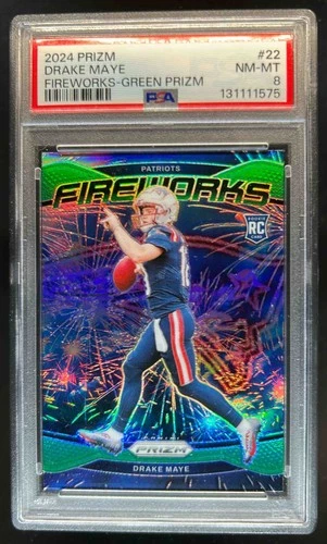 2024 Prizm Drake Maye Fireworks RC Green Rookie #22 Patriots PSA 8