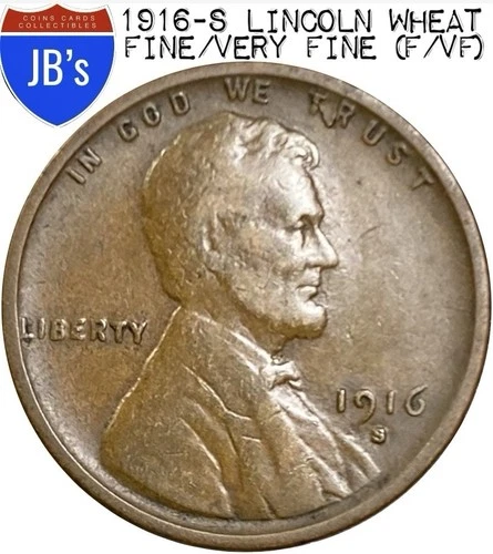 1916-S Lincoln Wheat Cent Penny 1c - FINE/VERY FINE (F/VF)