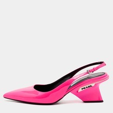Prada Pink Patent Leather Logo Pointed Toe Wedge Slingback Pumps Size 37.5