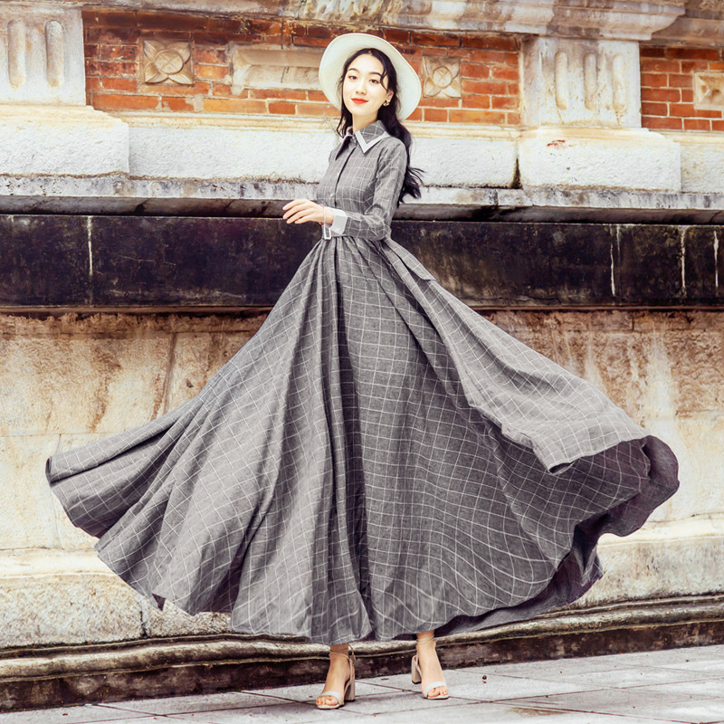 Arts Vintage Slim Elastic Preppy Look Japanese Lapel Plaid Sweet Expansion Dress Arts Vintage Slim Elastic Preppy Look Japanese Lapel Plaid Sweet Expansion Dress