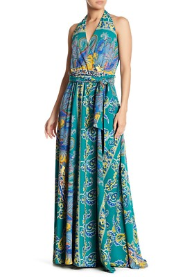 MEGHAN LA Green Teal Paisley Print Grecian Goddess Halter Sash Tie Maxi Dress M