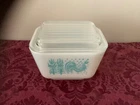 VINTAGE PYREX 1.5 C AMISH BUTTERPRINT TURQUOISE ROOSTER CORN REFRIGERATOR DISH