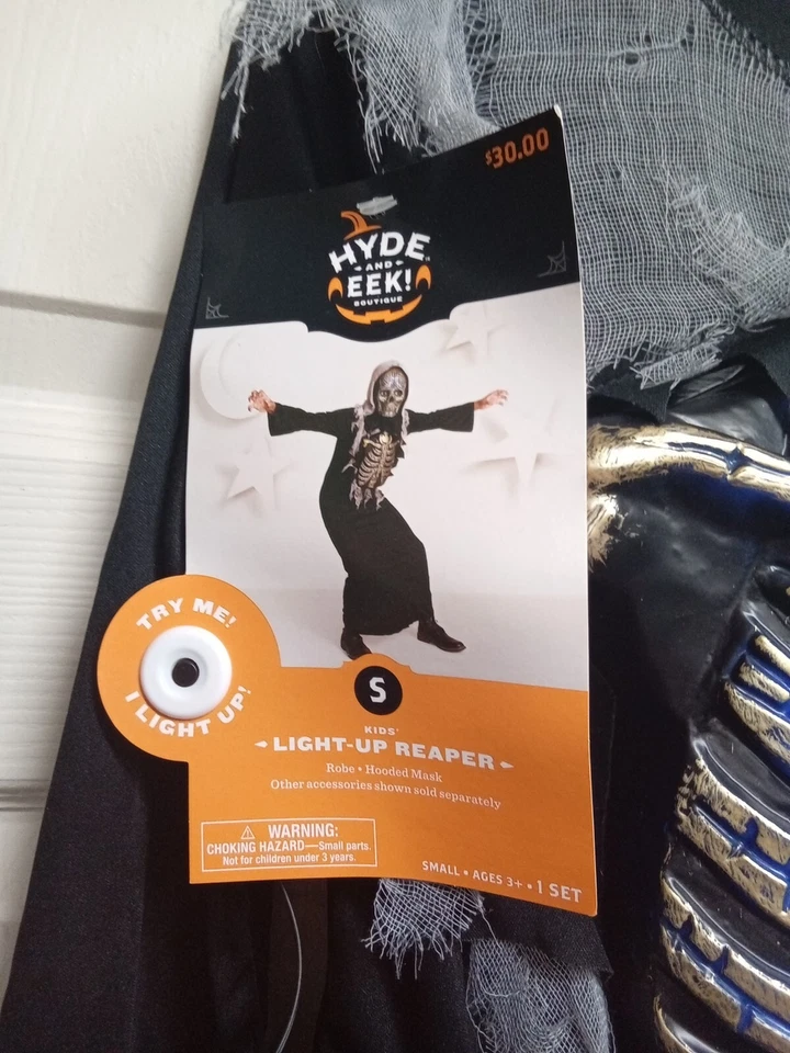 Light-Up Blue Glow Skeleton Reaper Kids M.G. 服装 - 4-7 小灯! — 第 3/4 张图片