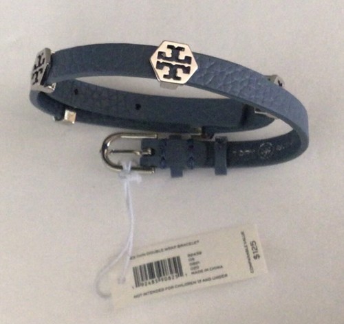 Tory Burch Hex Thin Double Wrap Leather Bracelet Tory Silver /Blue Yonder NWT - Picture 2 of 7
