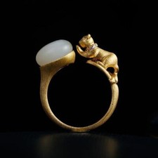 Hetian Jade Cat Oval Opening Adjustable Ring Retro Elegant Charm Ladies