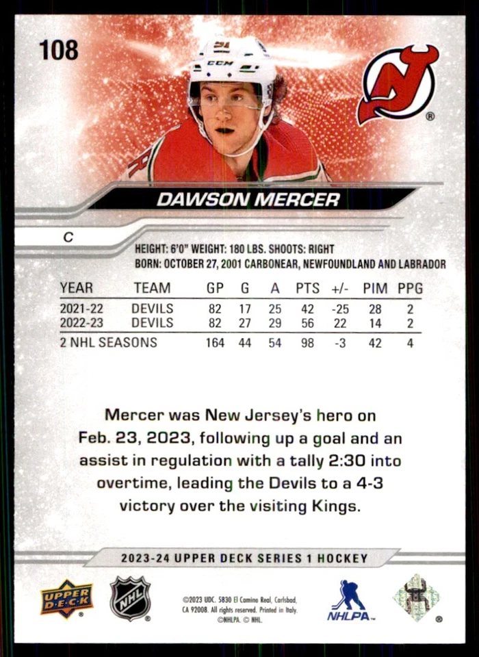 2023-24 Upper Deck Series 1 Dawson Mercer RC New Jersey Devils #108 - Image 2 of 2