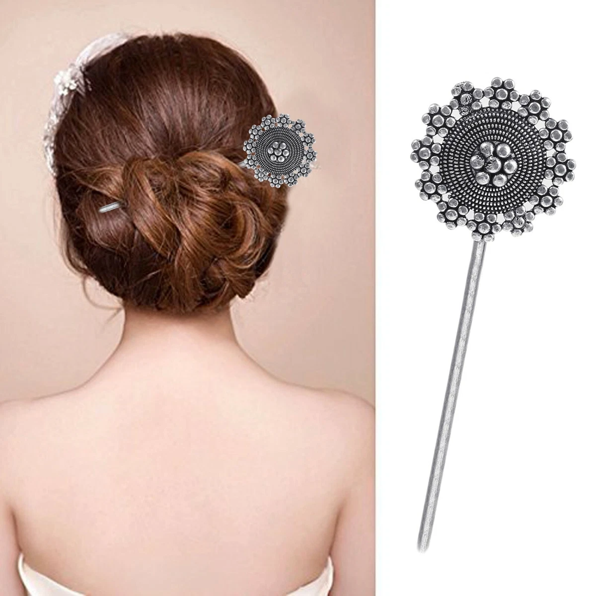 German Silver Plated Handmade Hair Stick for Bun Flower Design Hair Pin