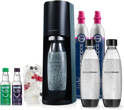 Terra Sparkling Water Maker Bundle (Black), with CO2, DWS Bottles, and Bubly Dro