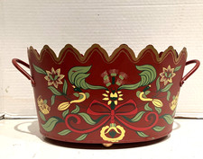 VTG RARE TOLE OVAL RED PLANTER, SWEDISH GUSTAVIAN STYLE, SCALLOPED GOLD CROWN