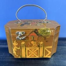 Vintage Wood Decoupaged Purse Metal Scroll Handle Animals Kids Lined Inscribed
