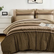 7 Pieces Comforter Set Queen Size, Brown Striped Bed in a Bag Comforter and S...