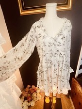 O.P.I White Floral Chiffon Short Dress, Ruffle, Balloon Sleeve, V-Neck, Tie XS