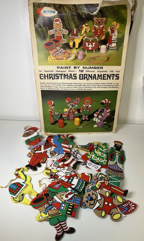 Vintage 1970s Hand Painted Wooden Christmas Ornaments Flat Double-side Lot of 27