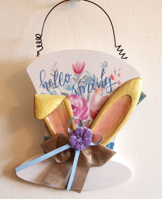 Wooden Top Hat w/ Bunny Ears Easter Sign Wreath Door Decor Wood Hello Spring NEW
