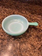 Vintage Glasbake Small Bowl w/ Handle Green #J2102 23 MADE IN USA