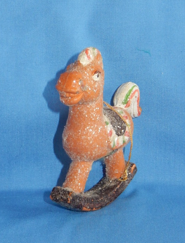 Vintage Plastic Blow Mold Glittered Rocking Horse Christmas Ornament