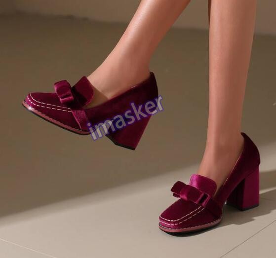 Casual Women's Round Toe Block Heels Slip on Bowknot Party Fashion Shoes